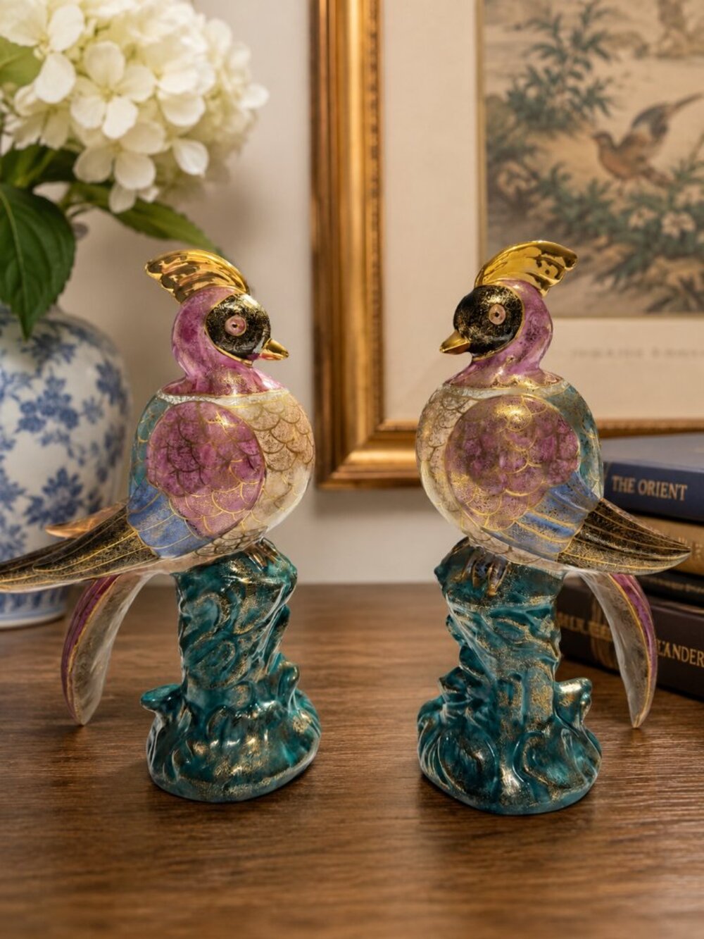 Vtg China Trader Macau Phoenix/Pheasant Birds Colorful Iridescent Gold Accents 2